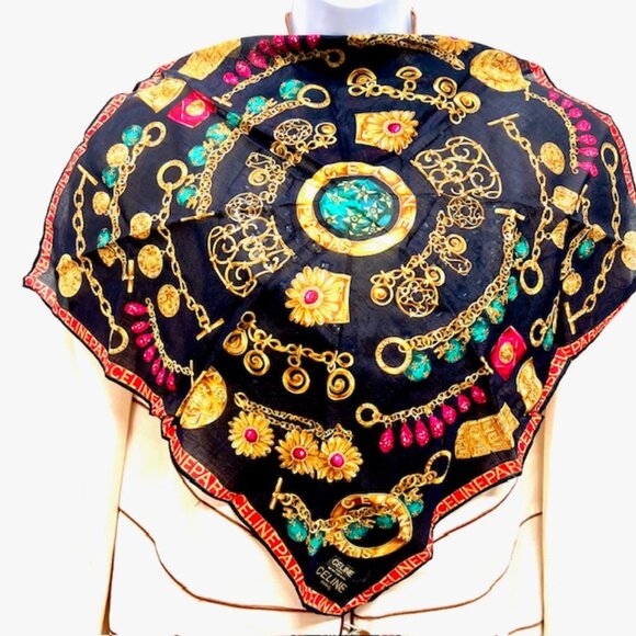 2 New Large Celine Paris Handker/Mini Scarf 20"Cotton Pink Black Gold Chain(51 - Picture 6 of 16
